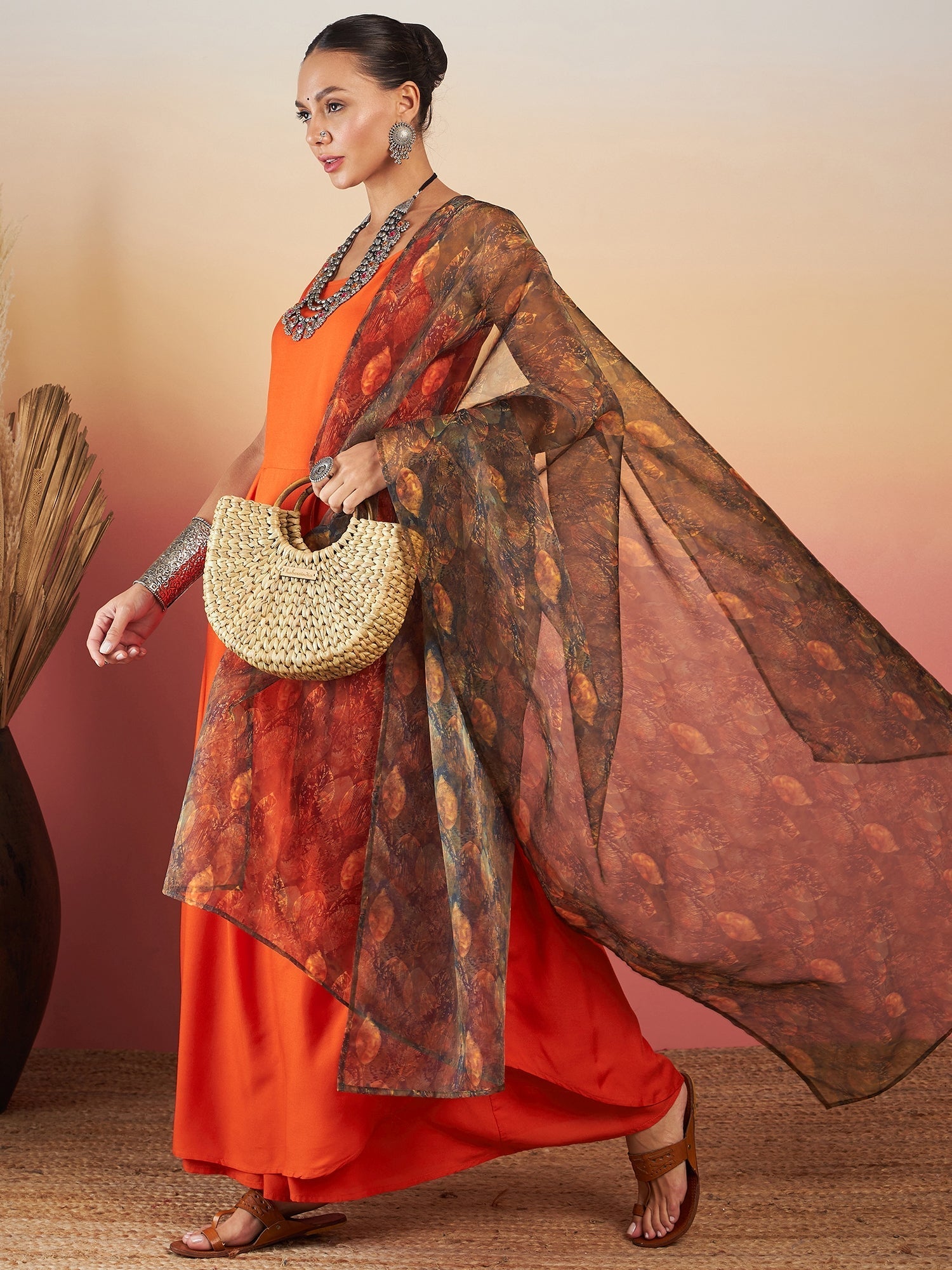 InWeave Orange Strappy W Dark Brown Leaf Print Or Dupatta Set