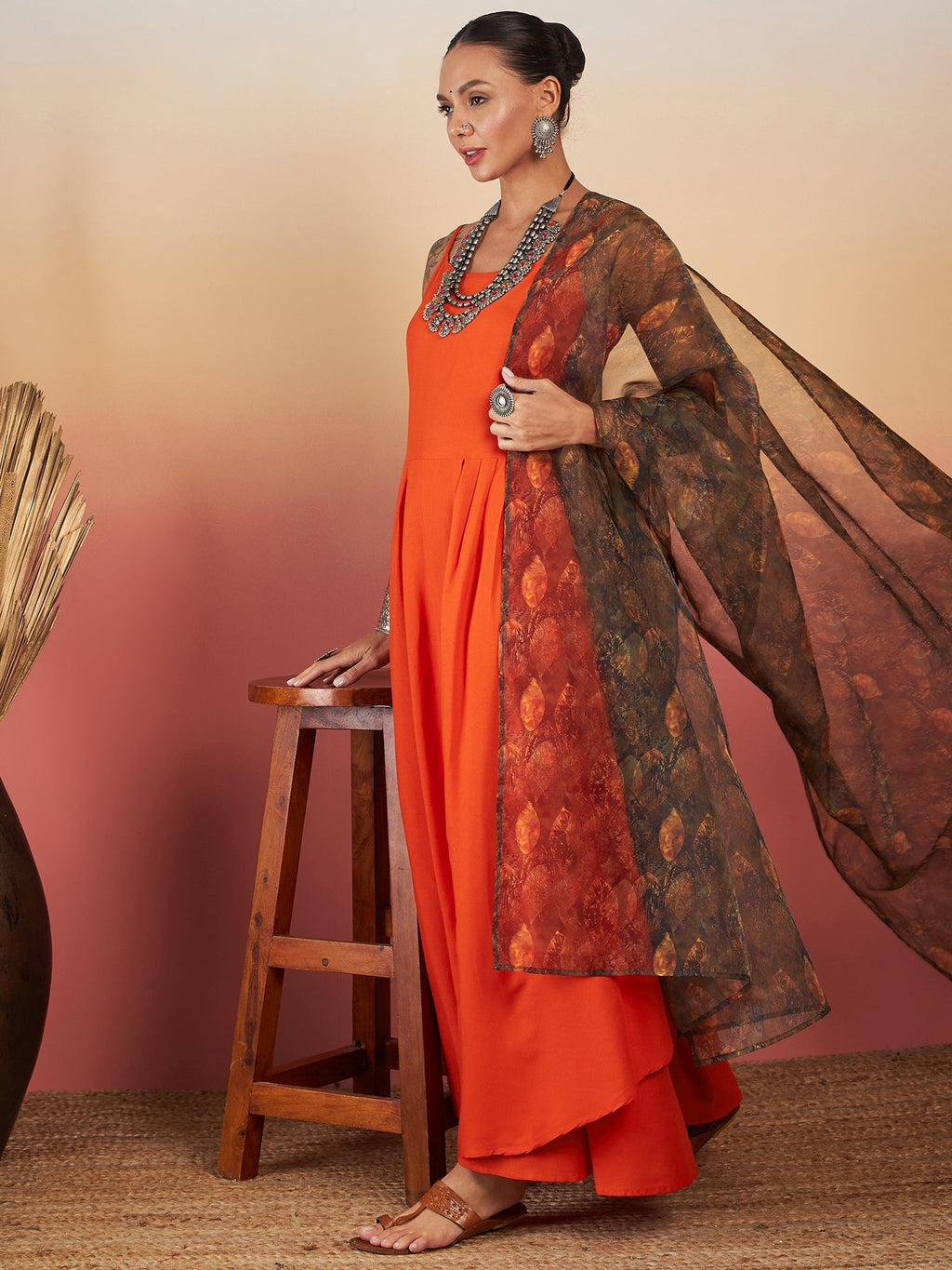 InWeave Orange Strappy W Dark Brown Leaf Print Or Dupatta Set