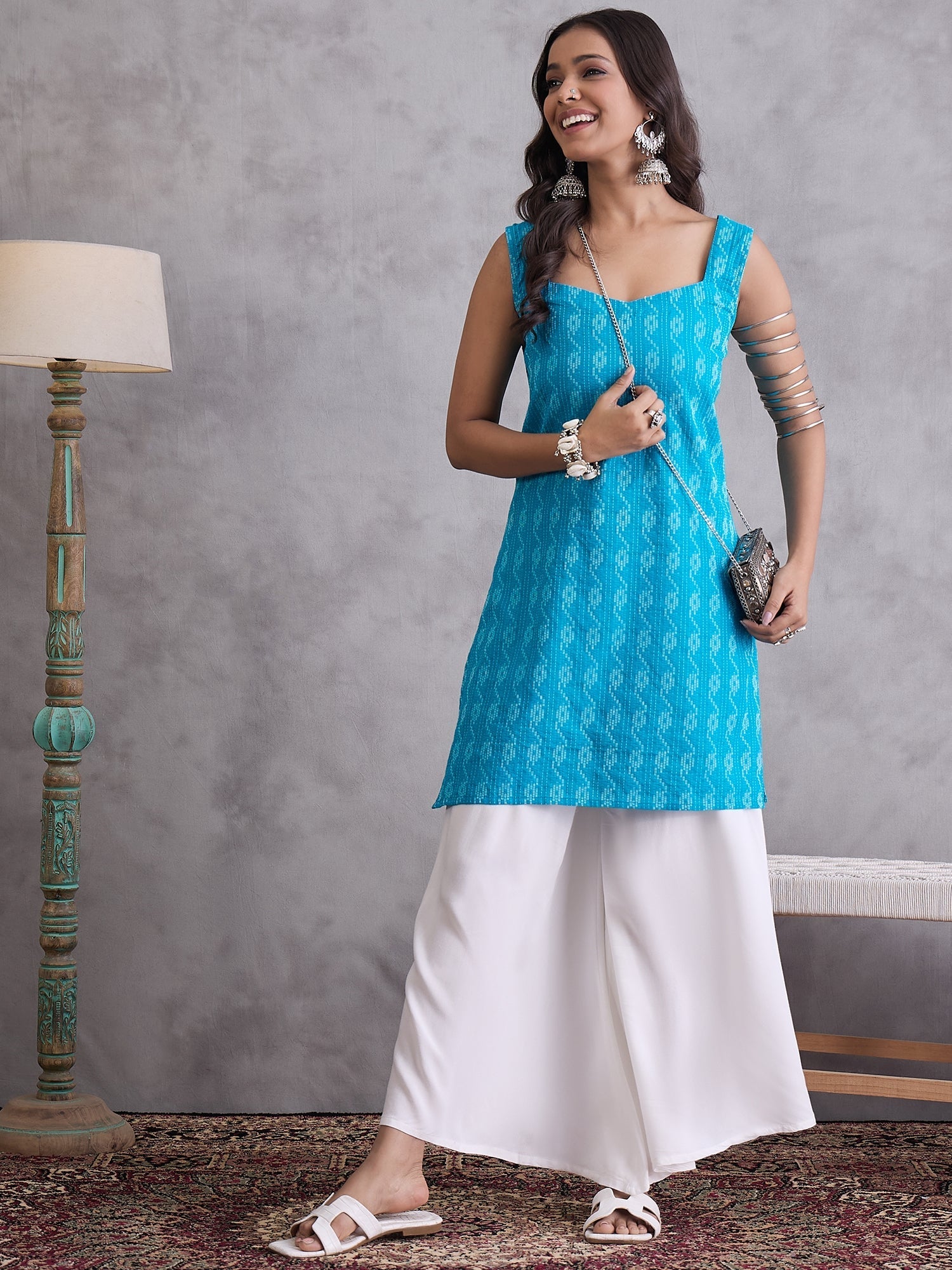 InWeave Cyan Blue Kantha Cream Palazzo Set