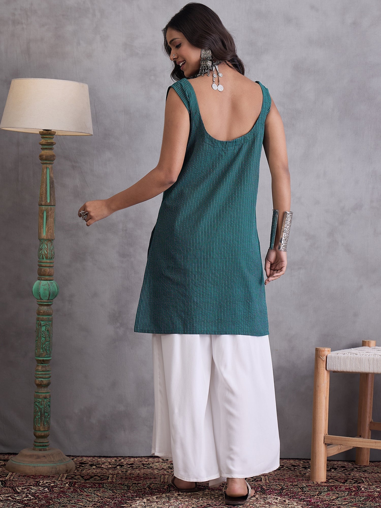 InWeave Emerald Green Kantha Cream Palazzo Set