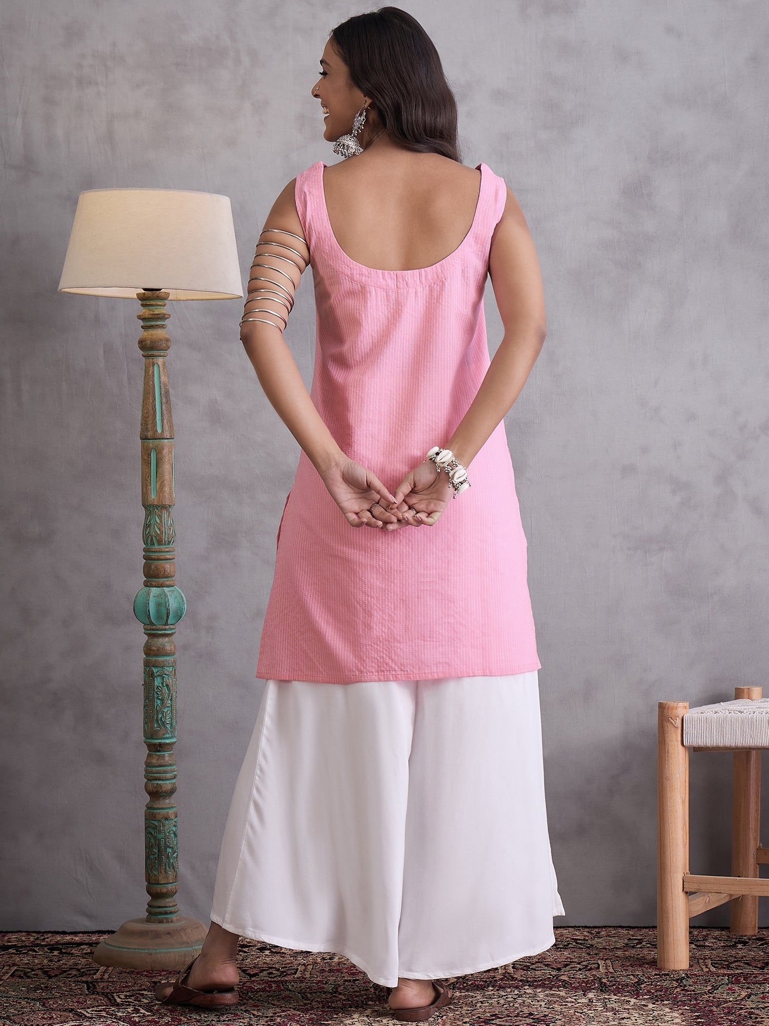 InWeave Pink Kantha Cream Palazzo Set