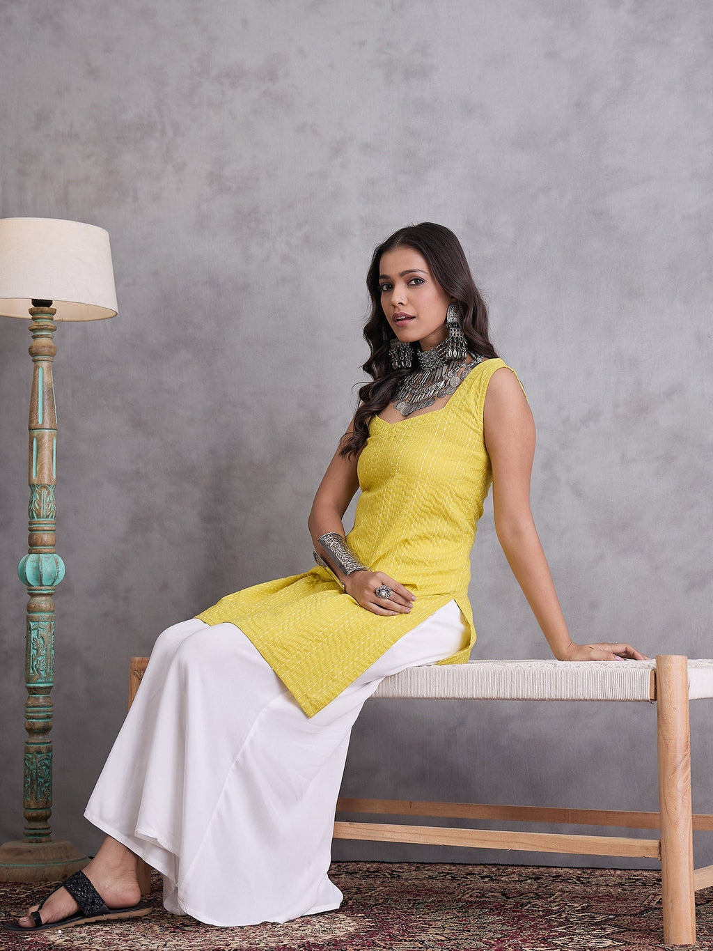 InWeave Yellow Kantha Cream Palazzo Set