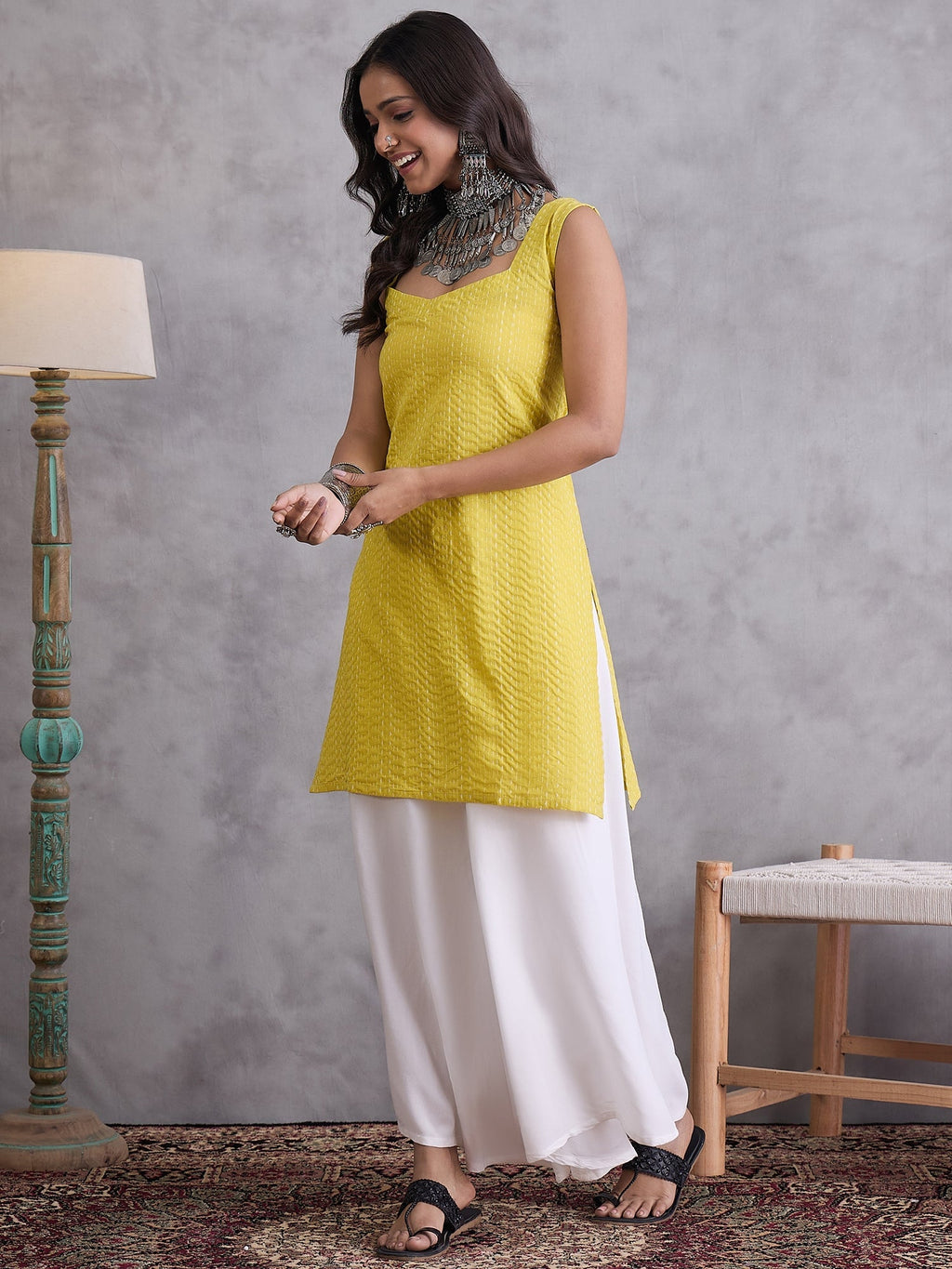 InWeave Yellow Kantha Cream Palazzo Set