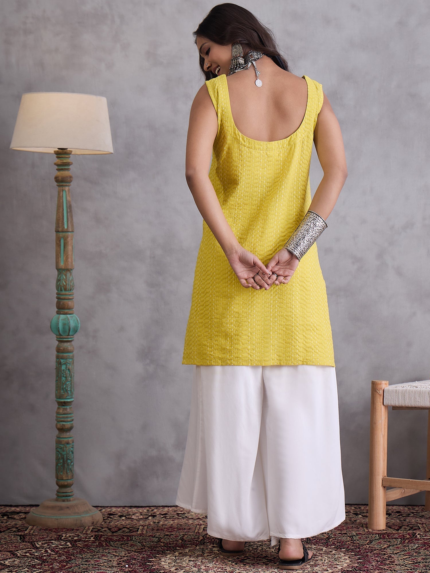 InWeave Yellow Kantha Cream Palazzo Set