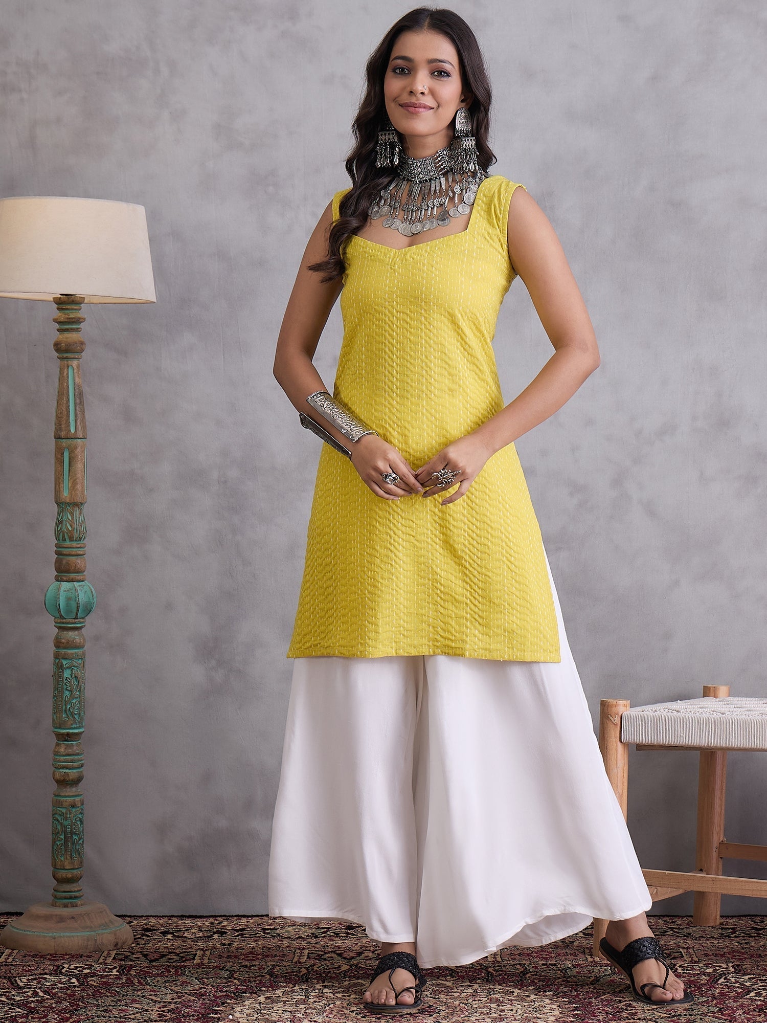 InWeave Yellow Kantha Cream Palazzo Set