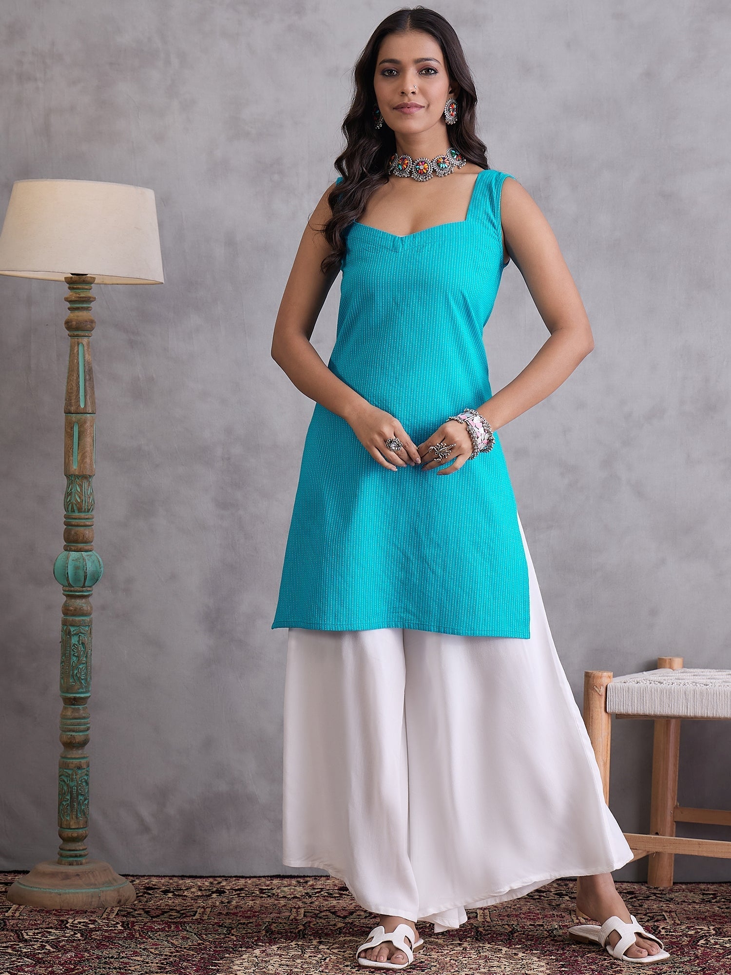 InWeave Cyan Blue Kantha Cream Palazzo Set