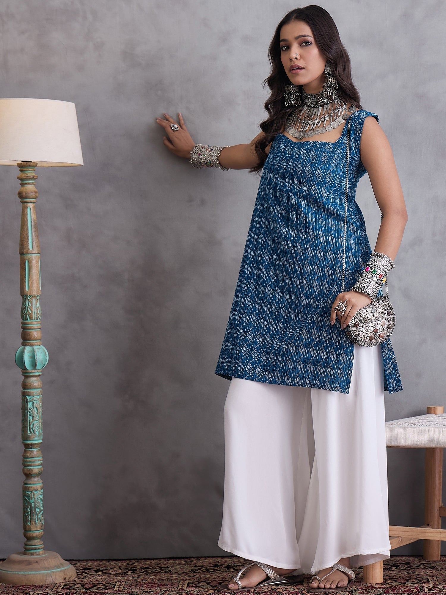 InWeave Blue Kantha Cream Palazzo Set