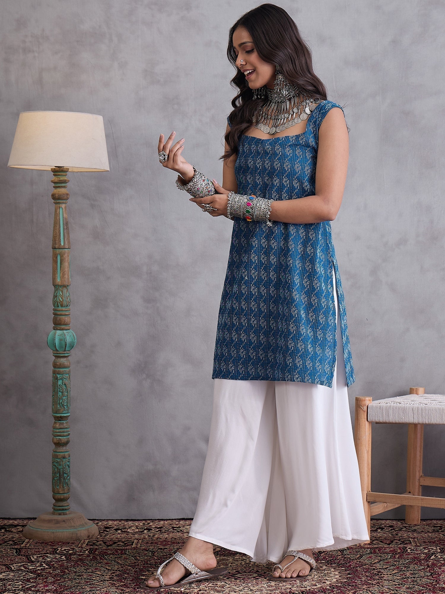 InWeave Blue Kantha Cream Palazzo Set