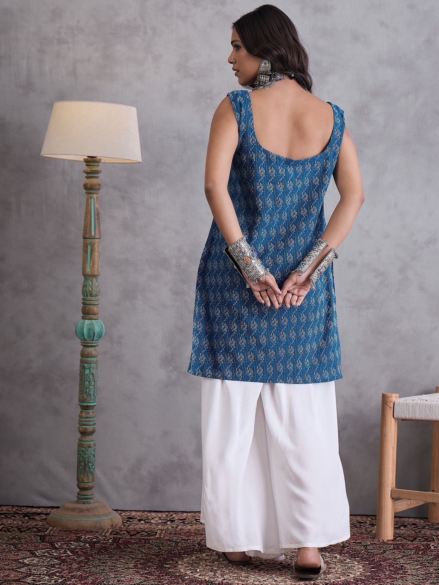 InWeave Blue Kantha Cream Palazzo Set