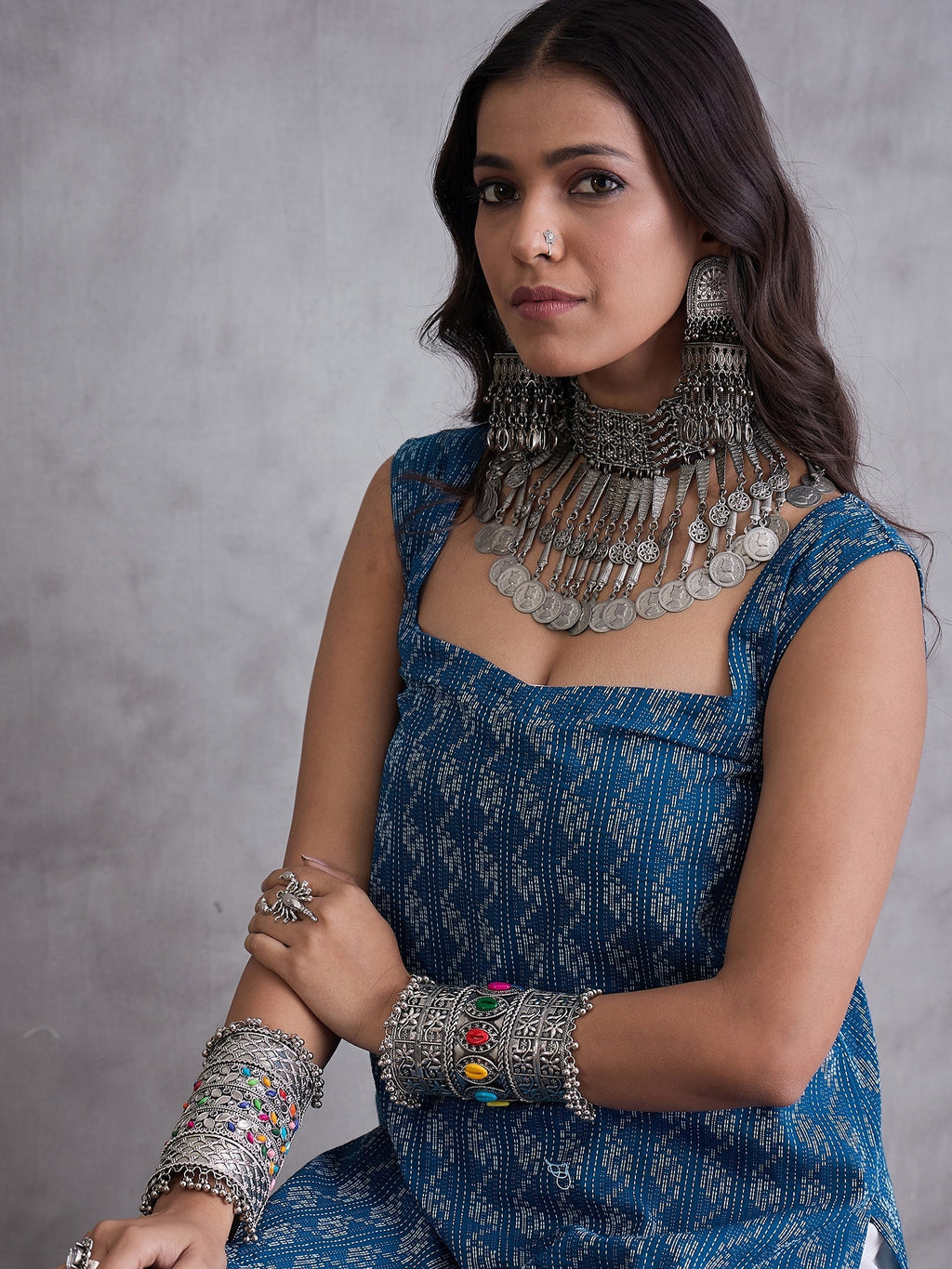 InWeave Blue Kantha Cream Palazzo Set