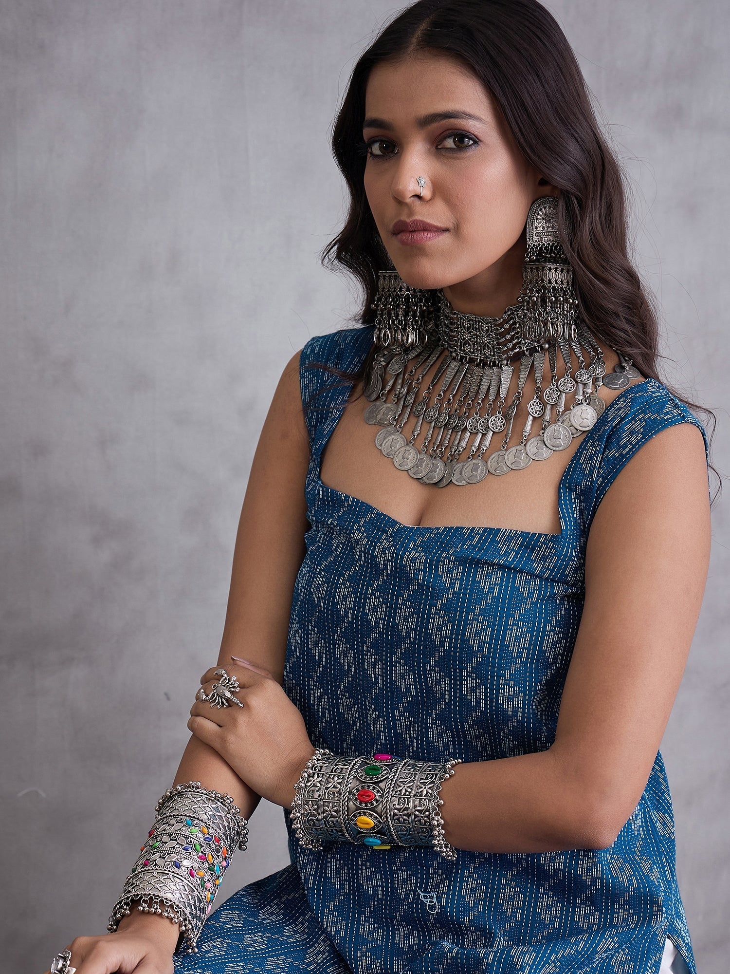 InWeave Blue Kantha Cream Palazzo Set