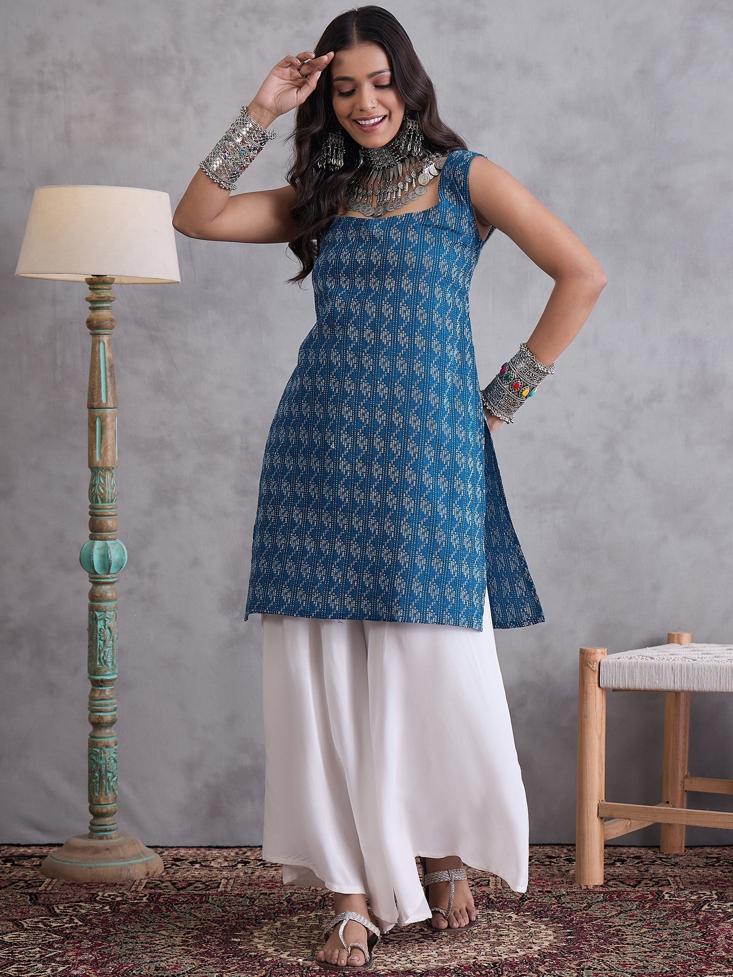 InWeave Blue Kantha Cream Palazzo Set