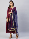 InWeave Women's Maroon Solid Long Kurta With Navy Net Dupatta