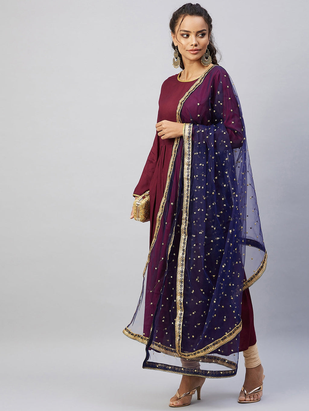 InWeave Women's Maroon Solid Long Kurta With Navy Net Dupatta