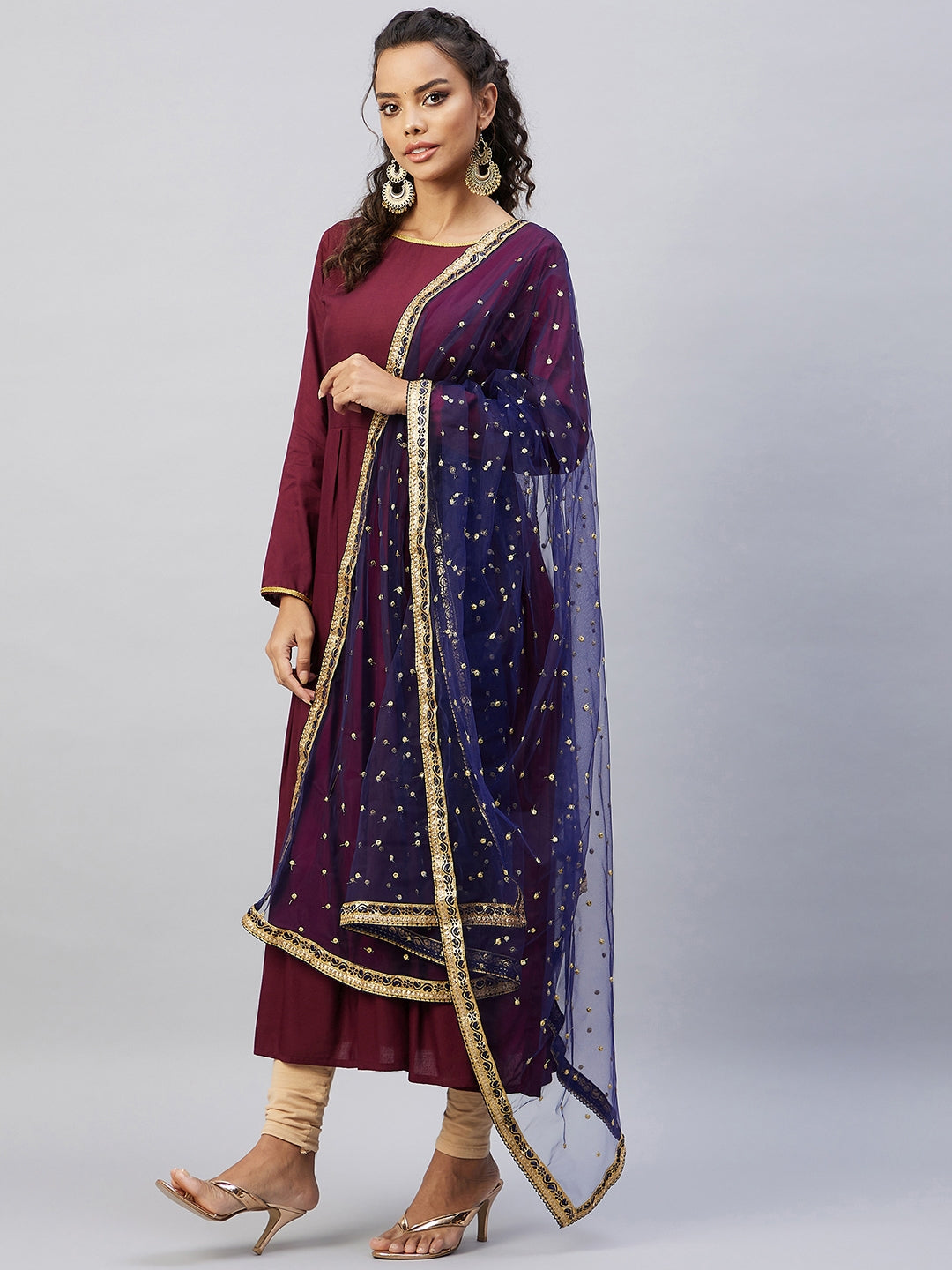InWeave Women's Maroon Solid Long Kurta With Navy Net Dupatta