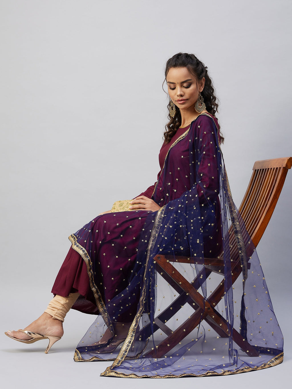 InWeave Women's Maroon Solid Long Kurta With Navy Net Dupatta
