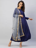 InWeave Women's Navy Solid Long Kurta With Light Blue Net Dupatta