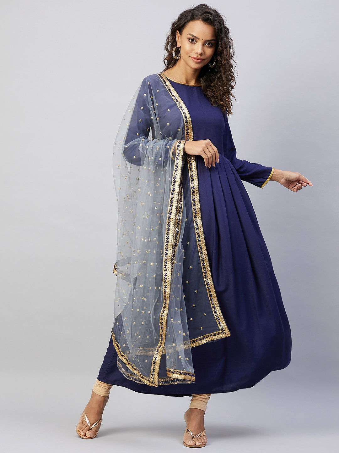 InWeave Women's Navy Solid Long Kurta With Light Blue Net Dupatta