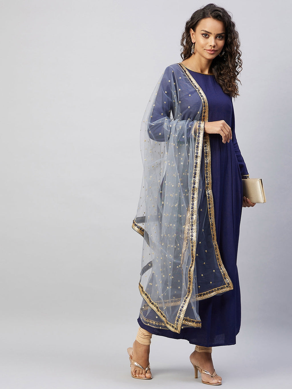 InWeave Women's Navy Solid Long Kurta With Light Blue Net Dupatta