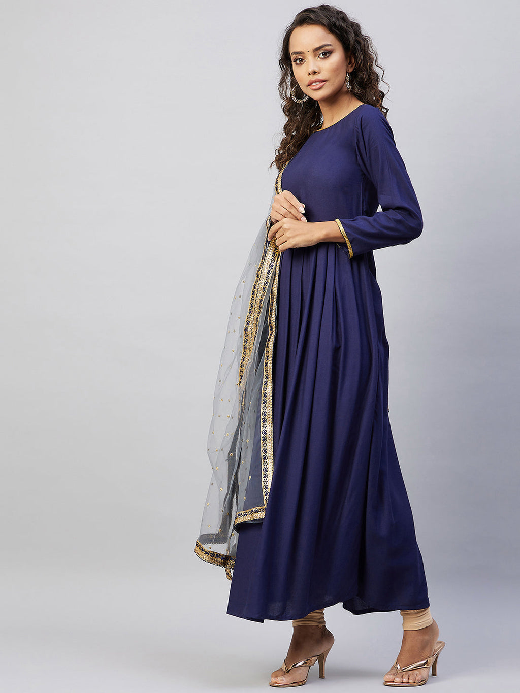 InWeave Women's Navy Solid Long Kurta With Light Blue Net Dupatta