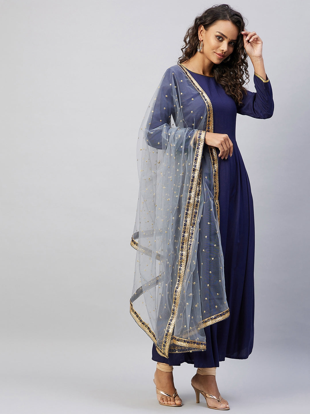 InWeave Women's Navy Solid Long Kurta With Light Blue Net Dupatta