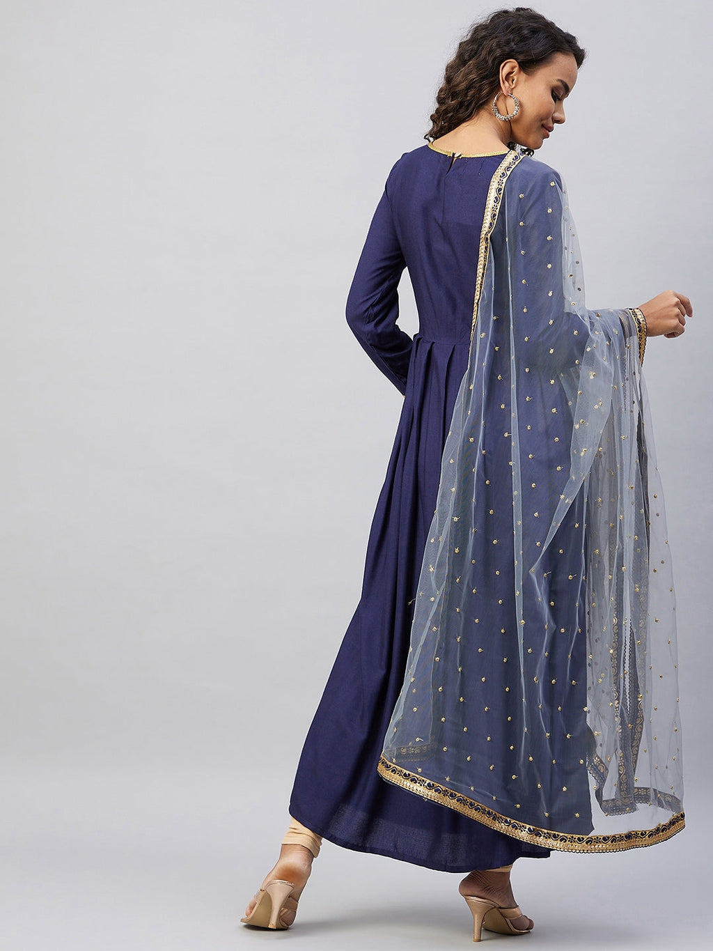 InWeave Women's Navy Solid Long Kurta With Light Blue Net Dupatta