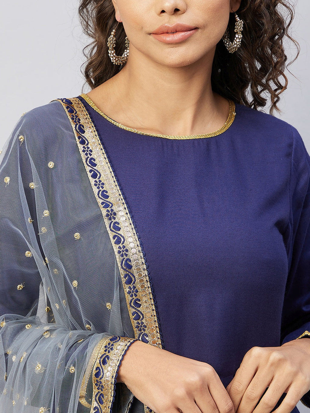 InWeave Women's Navy Solid Long Kurta With Light Blue Net Dupatta