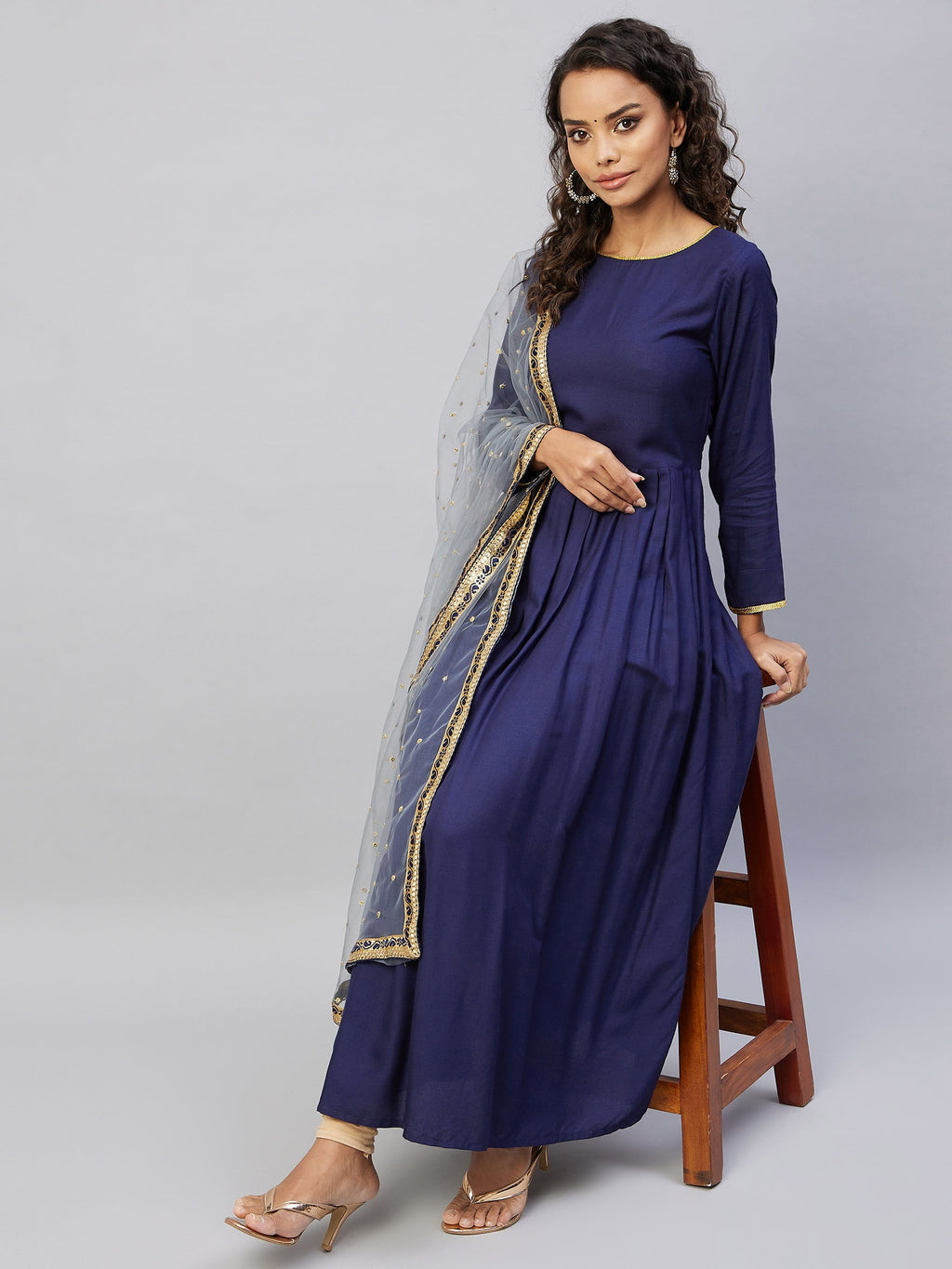 InWeave Women's Navy Solid Long Kurta With Light Blue Net Dupatta