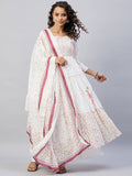 InWeave Women's Pink White Mirror Print Kurta With Dupatta