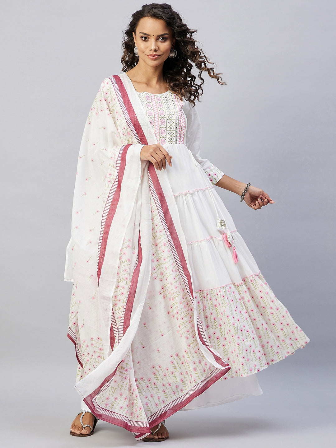 InWeave Women's Pink White Mirror Print Kurta With Dupatta