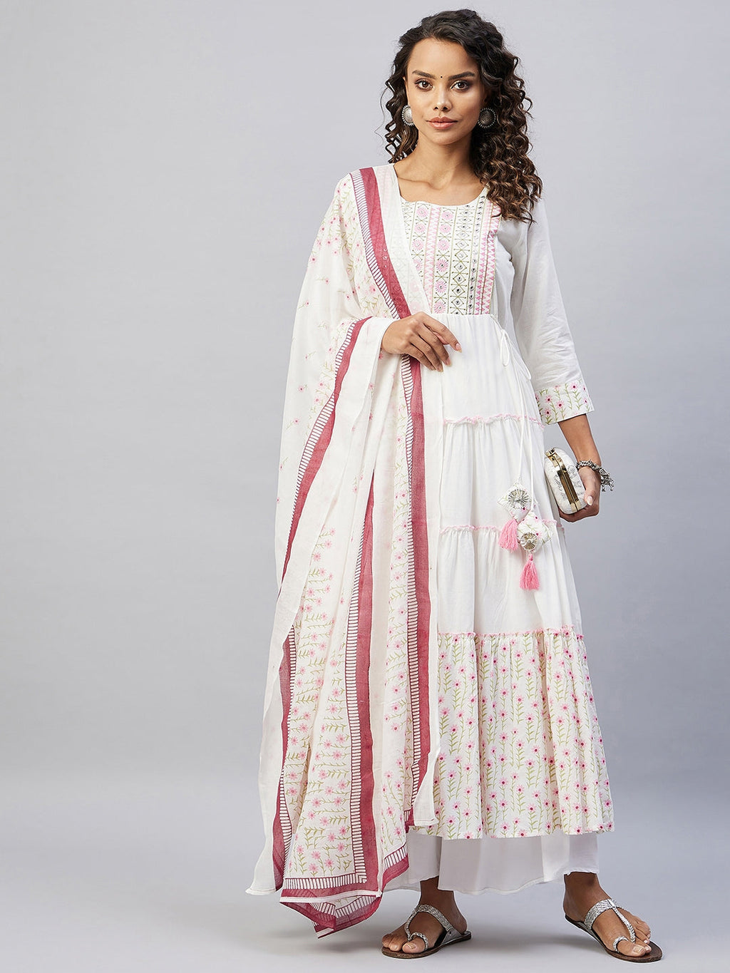InWeave Women's Pink White Mirror Print Kurta With Dupatta
