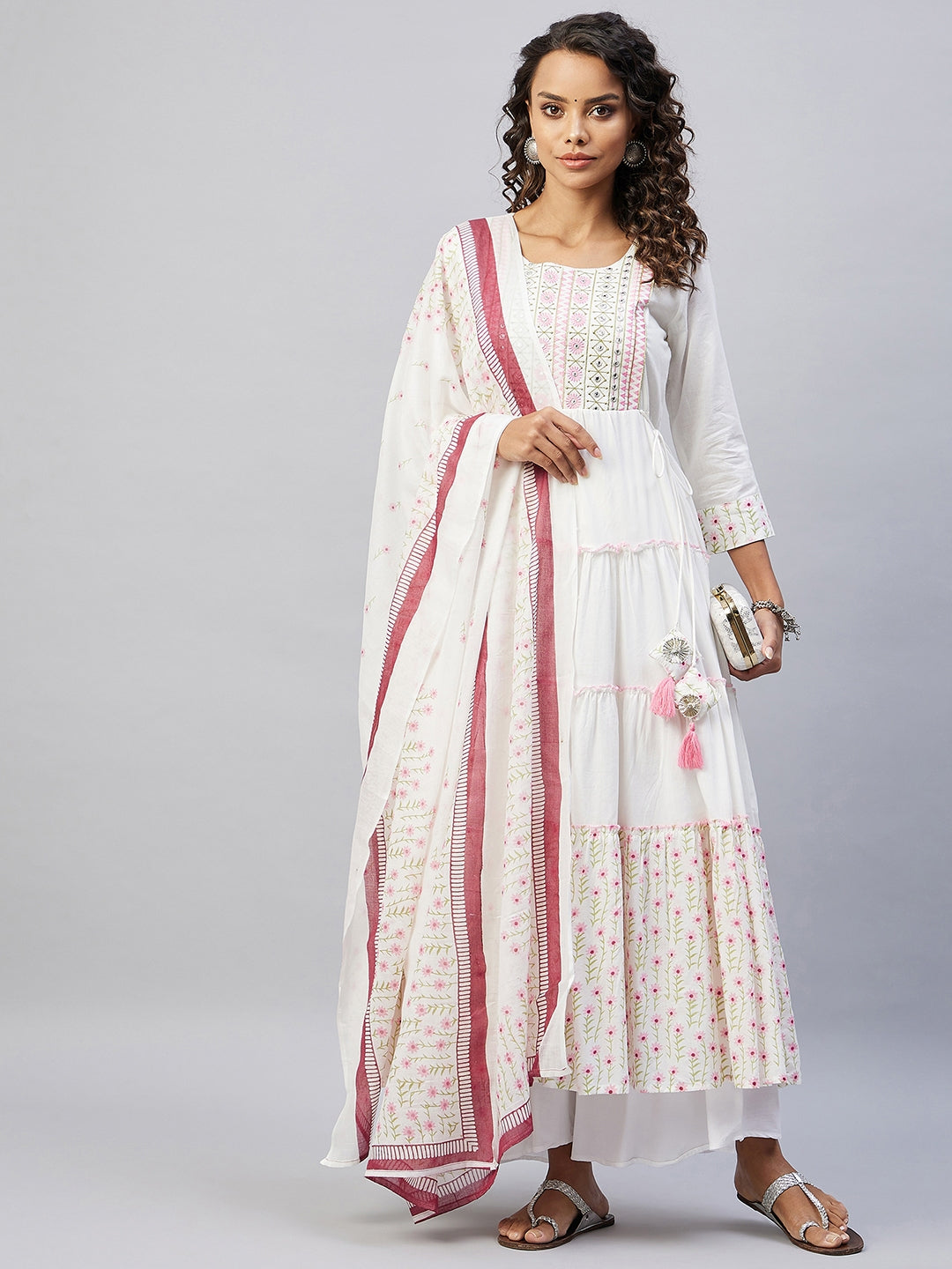 InWeave Women's Pink White Mirror Print Kurta With Dupatta