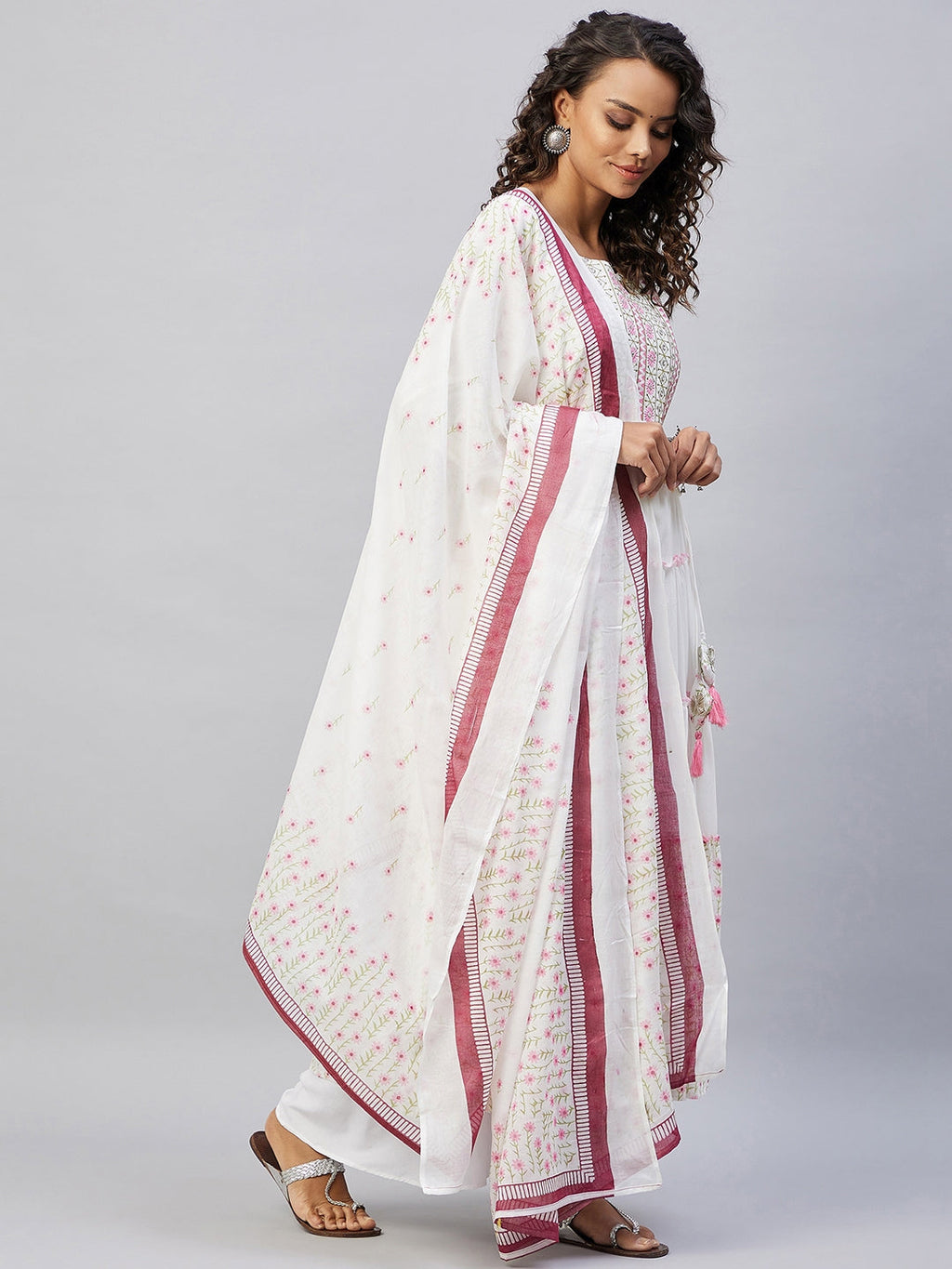 InWeave Women's Pink White Mirror Print Kurta With Dupatta