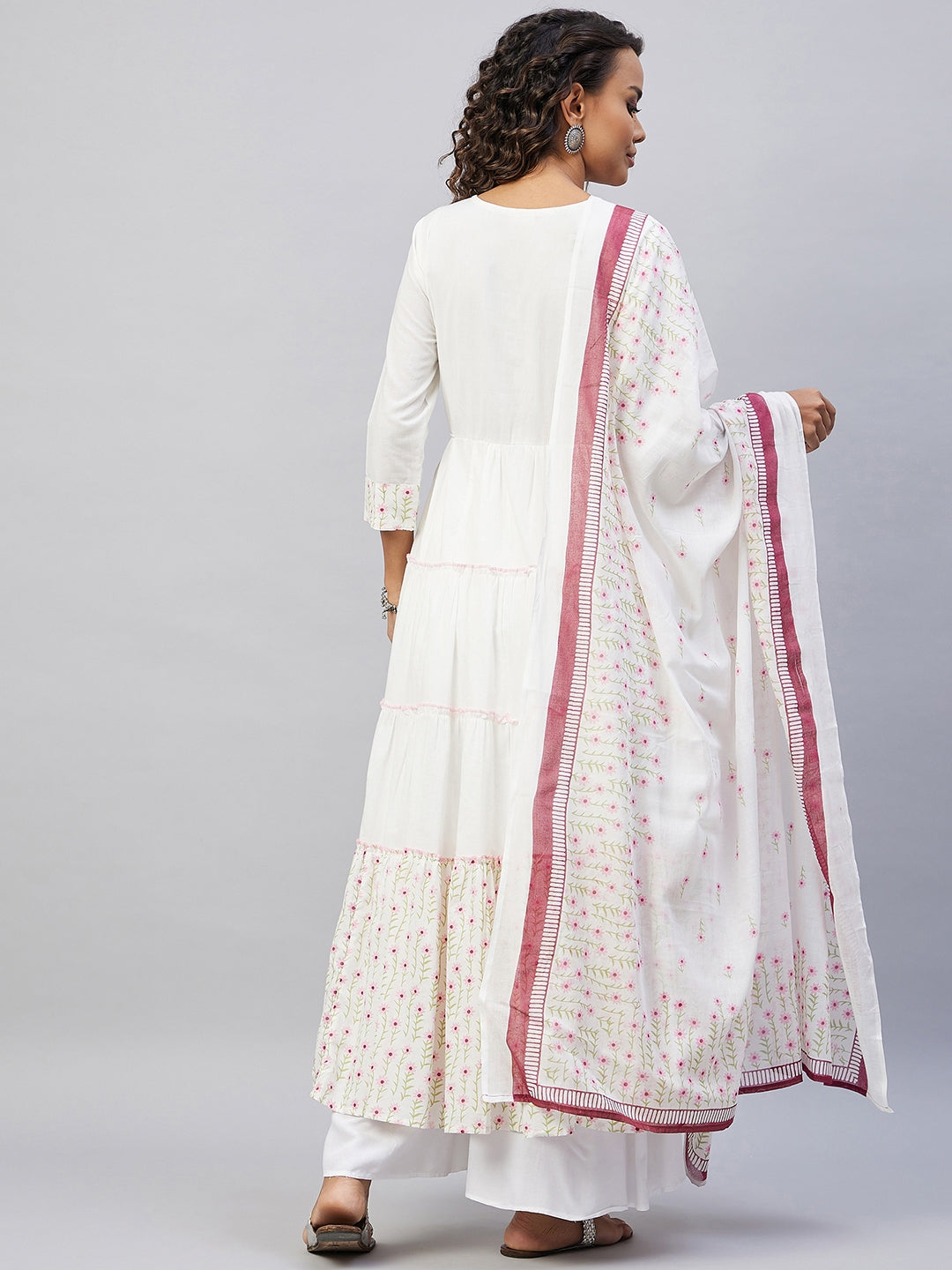 InWeave Women's Pink White Mirror Print Kurta With Dupatta