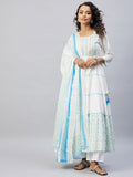 InWeave Women's Sky Blue White Mirror Print Kurta With Dupatta