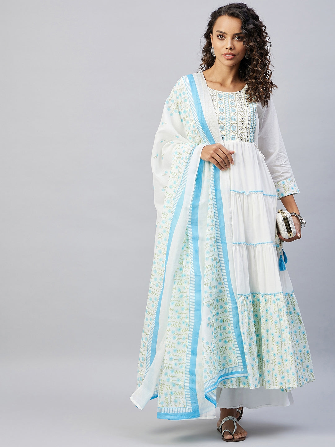 InWeave Women's Sky Blue White Mirror Print Kurta With Dupatta