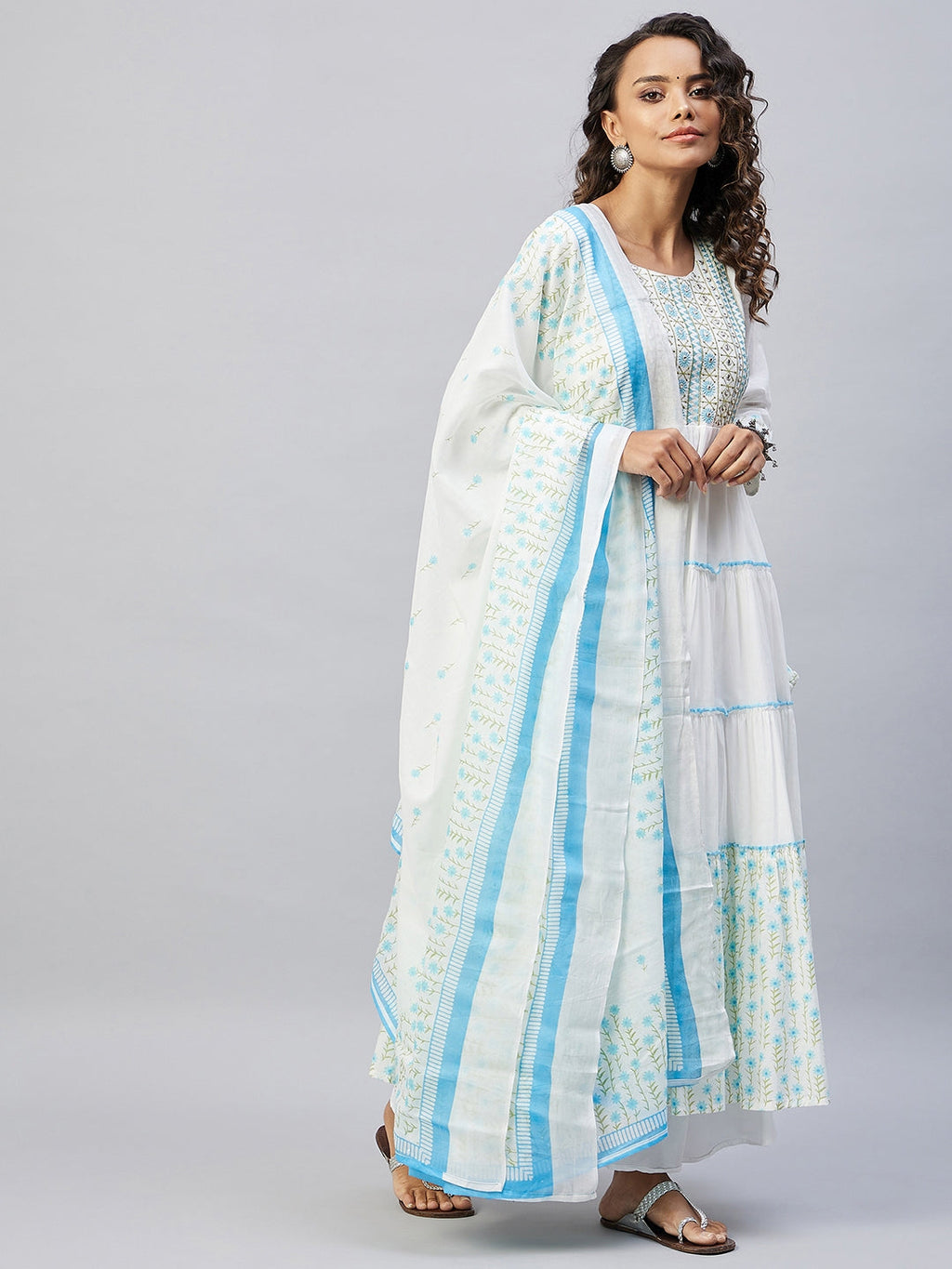 InWeave Women's Sky Blue White Mirror Print Kurta With Dupatta