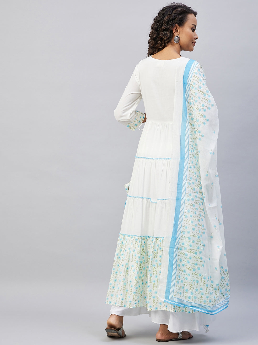 InWeave Women's Sky Blue White Mirror Print Kurta With Dupatta