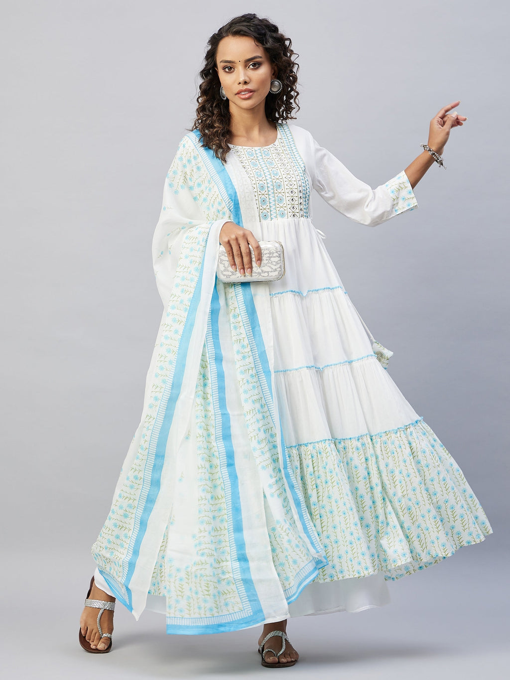 InWeave Women's Sky Blue White Mirror Print Kurta With Dupatta