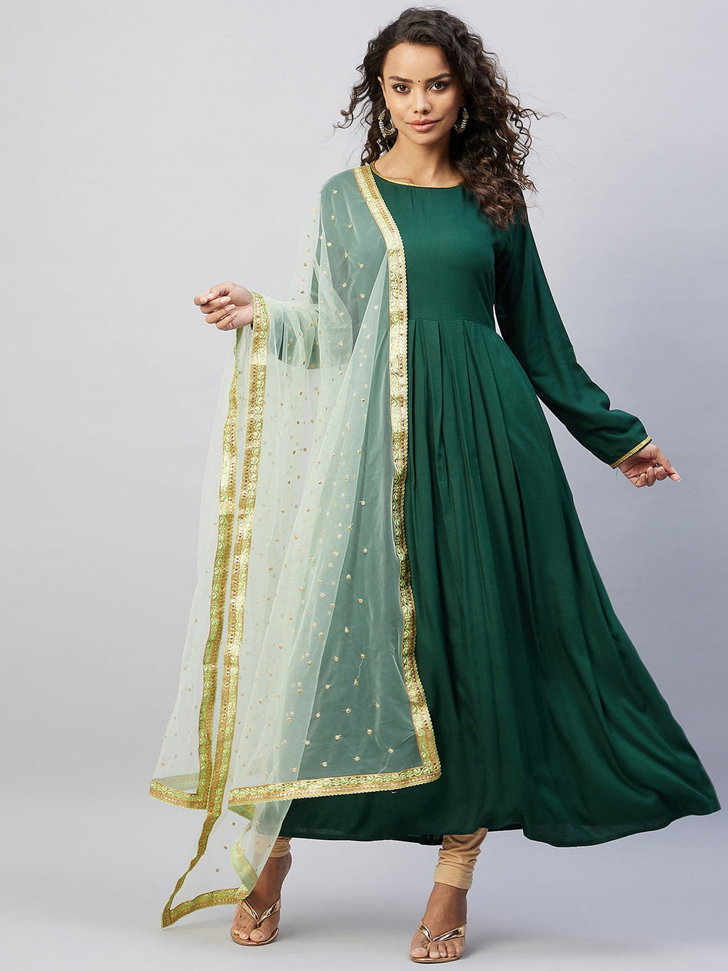 InWeave Women's Green Solid Long Kurta With Mint Green Net Dupatta