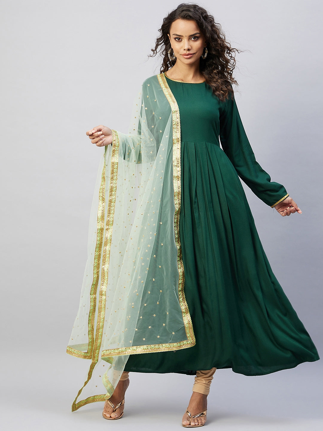 InWeave Women's Green Solid Long Kurta With Mint Green Net Dupatta