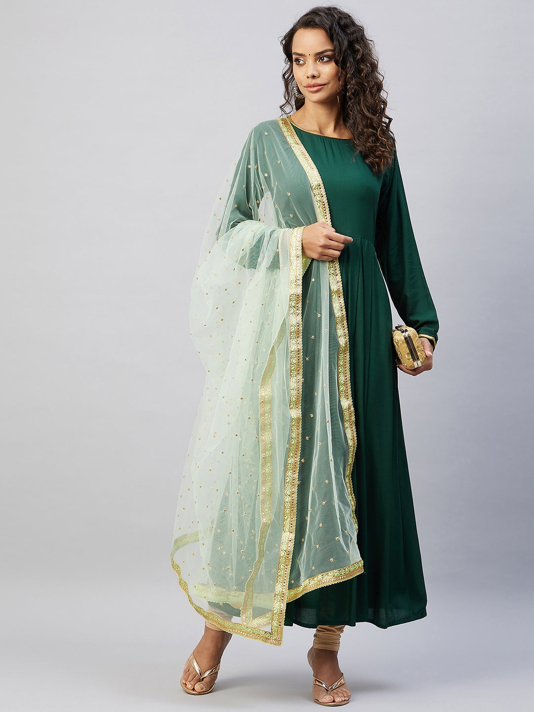 InWeave Women's Green Solid Long Kurta With Mint Green Net Dupatta
