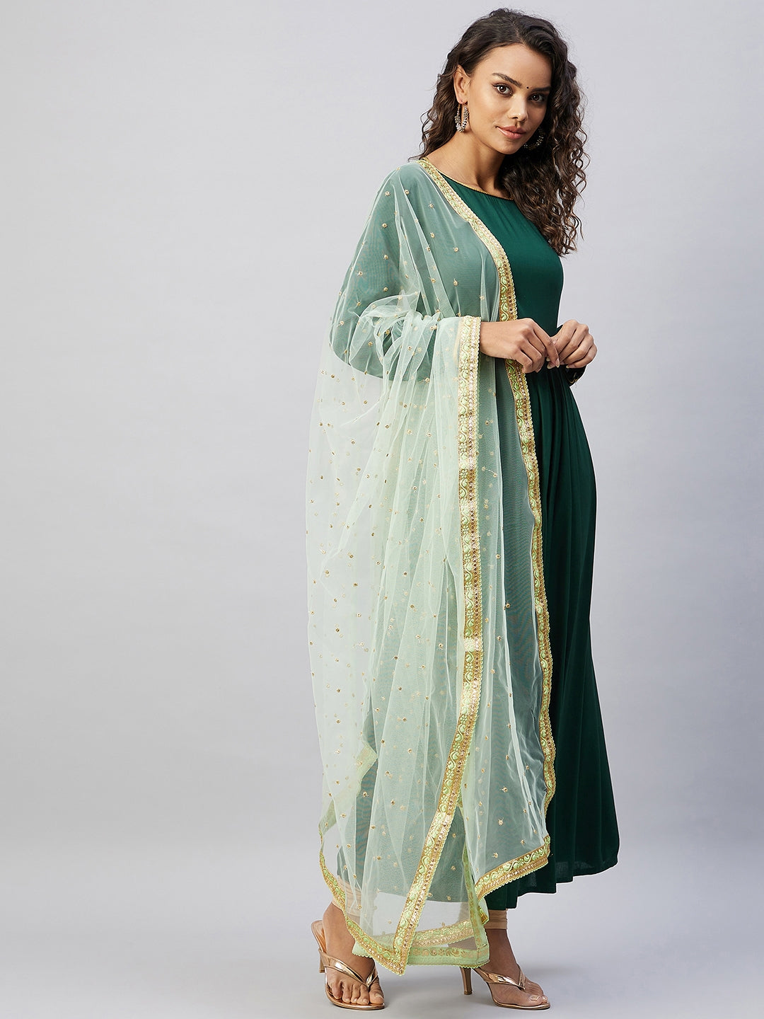 InWeave Women's Green Solid Long Kurta With Mint Green Net Dupatta
