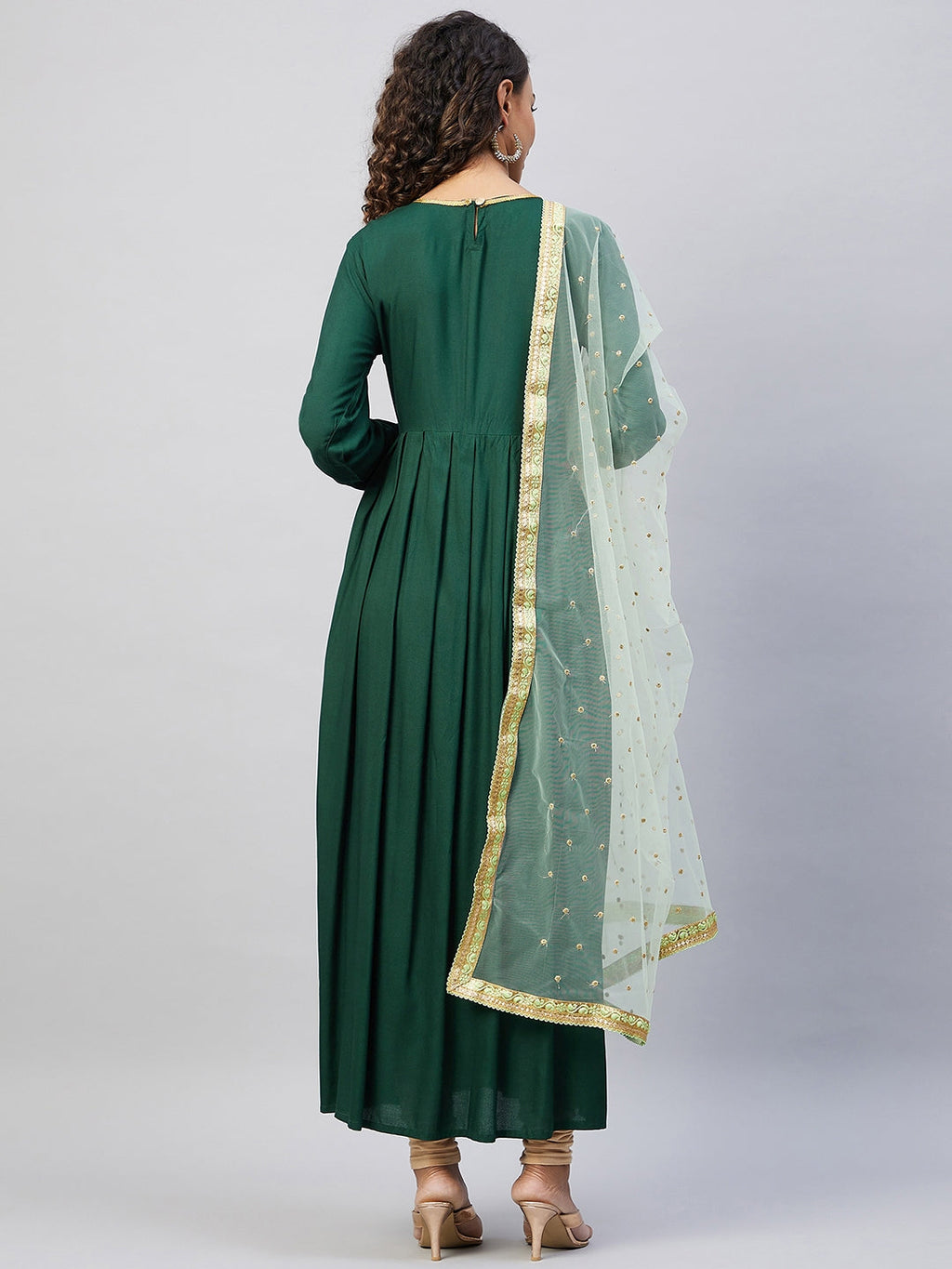 InWeave Women's Green Solid Long Kurta With Mint Green Net Dupatta