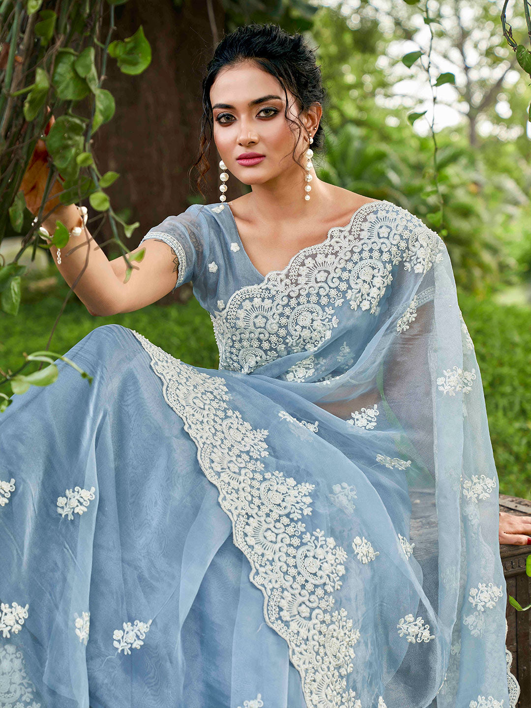 Tikhi Imli Ethnic Motifs Beads and Stones Organza Heavy Work Saree