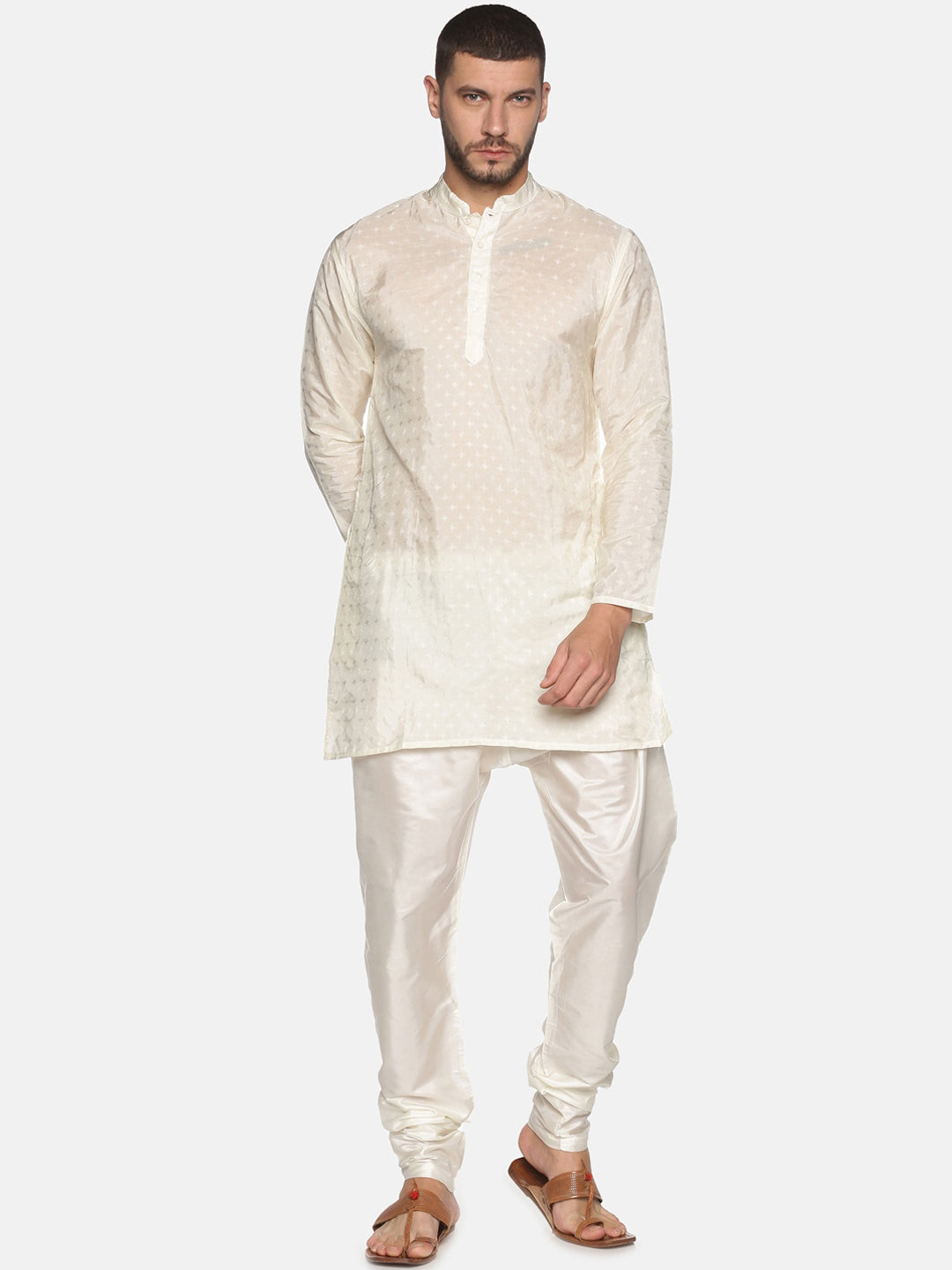 Sethukrishna Men Cream-Coloured Woven Design Kurta with Churidar