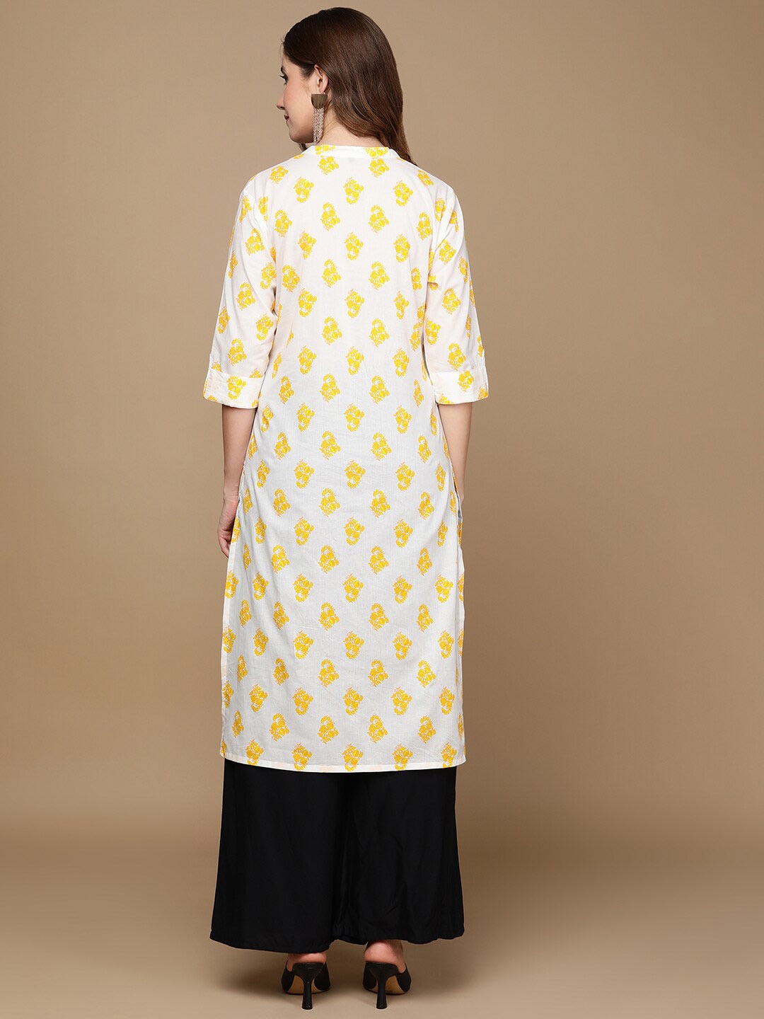 HERE&NOW White & Yellow Floral Printed Sequined Pure Cotton Kurta