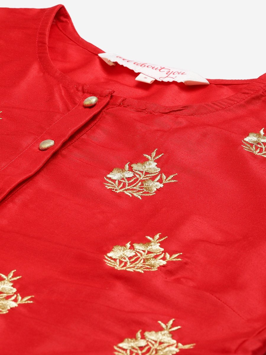 All About You Women Red & Orange Embroidered Yoke Design Kurta set with Dupatta