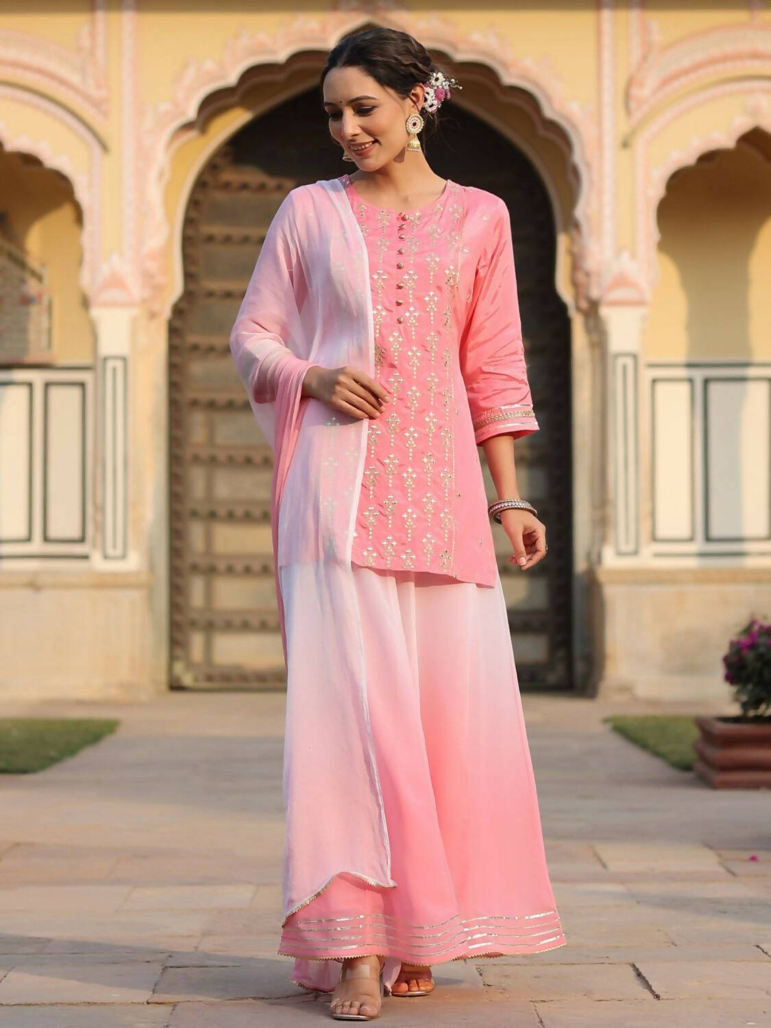 Juniper Women Pink Shantoon Embroidered Kurta, Palazzo and Dupatta Set