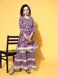 All About You Women Purple Floral Printed Regular Gotta Patti Pure Cotton Kurta with Sharara